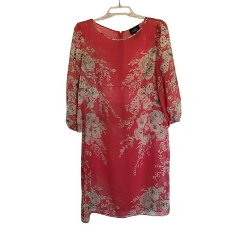 Adrianna Papell Coral Pink‎ Floral Chiffon Sheer Shift Dress Womens Size 12 EUC